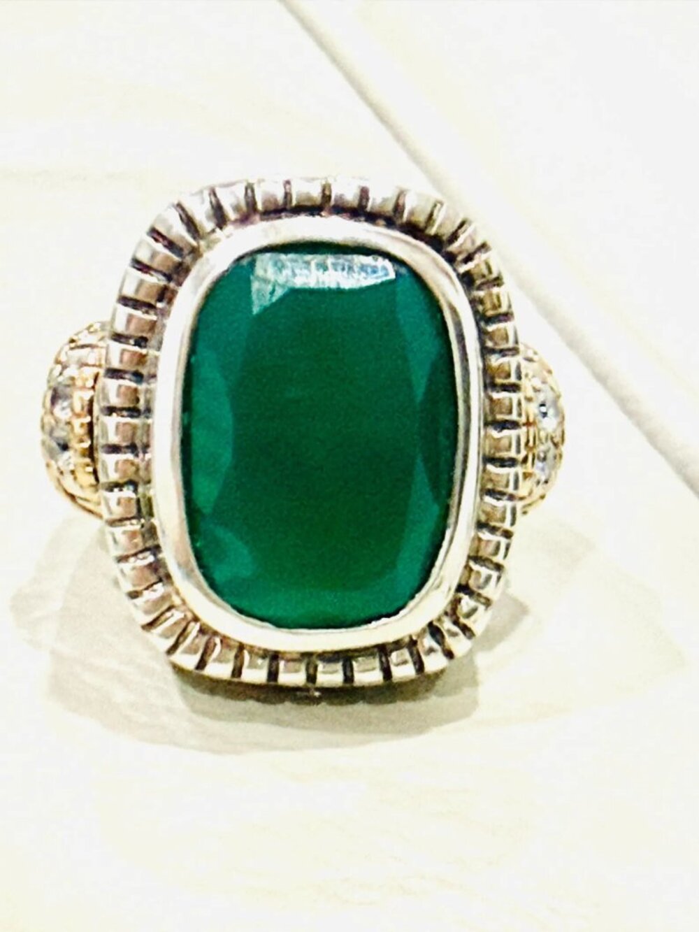 Vintage 14K Gold Sterling Silver Green Onyx Statement Ring Size 7 - Picture 3 of 10